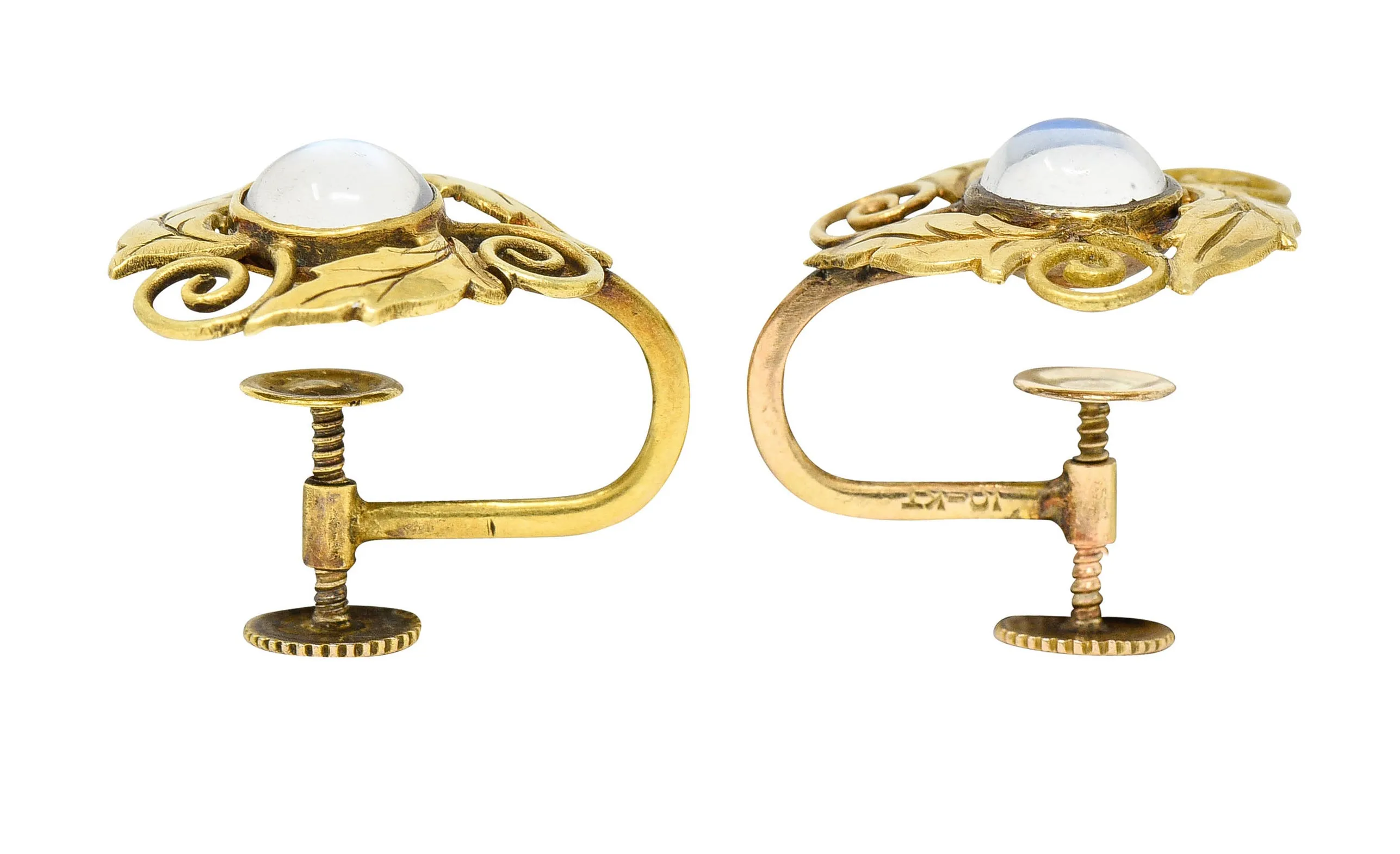 Arts & Crafts Moonstone 18 Karat Gold Foliate Screwback Earrings