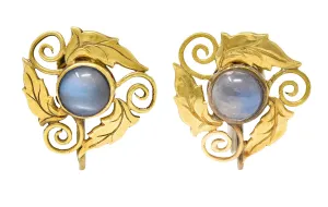 Arts & Crafts Moonstone 18 Karat Gold Foliate Screwback Earrings