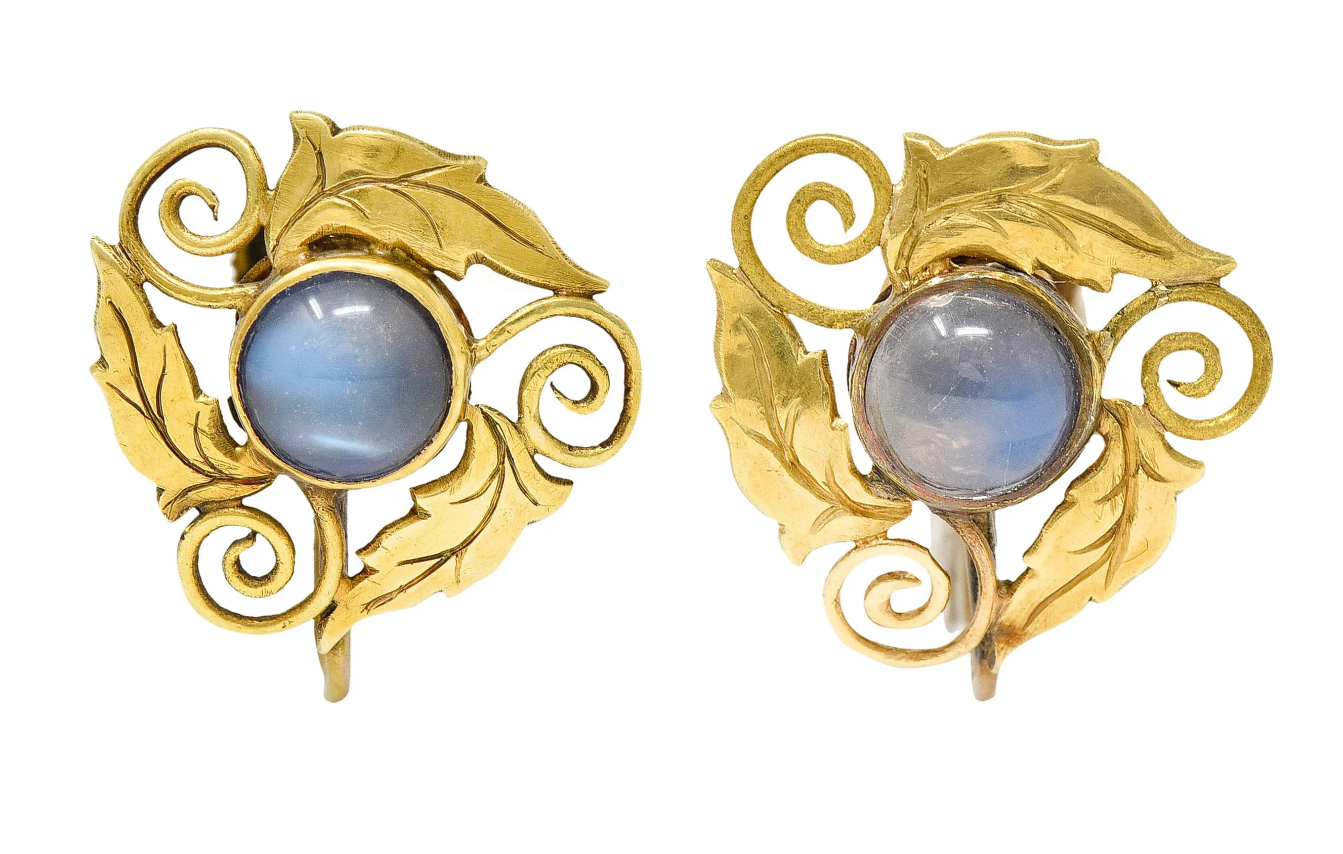 Arts & Crafts Moonstone 18 Karat Gold Foliate Screwback Earrings