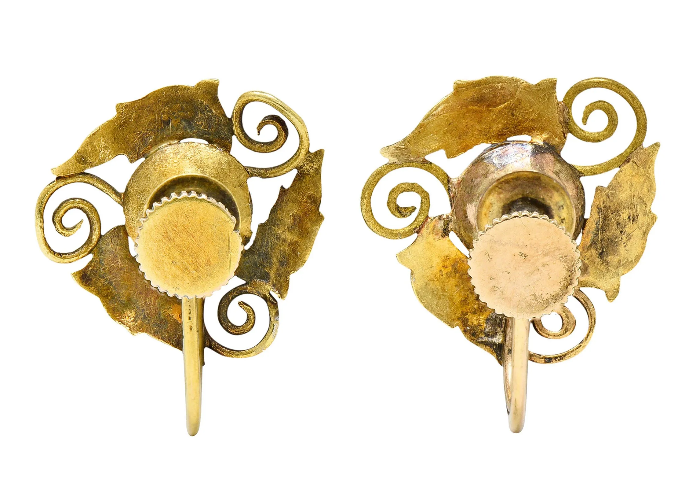 Arts & Crafts Moonstone 18 Karat Gold Foliate Screwback Earrings