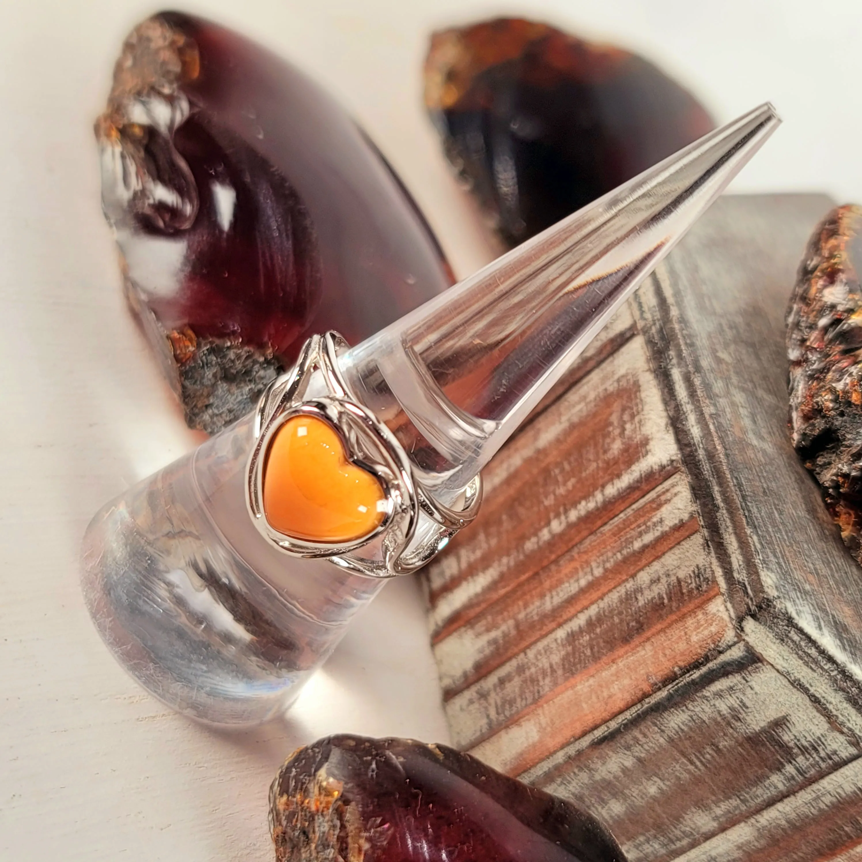 Baltic Butterscotch Amber Heart Finger Cuff Ring .925 Silver for Joy and Optimism