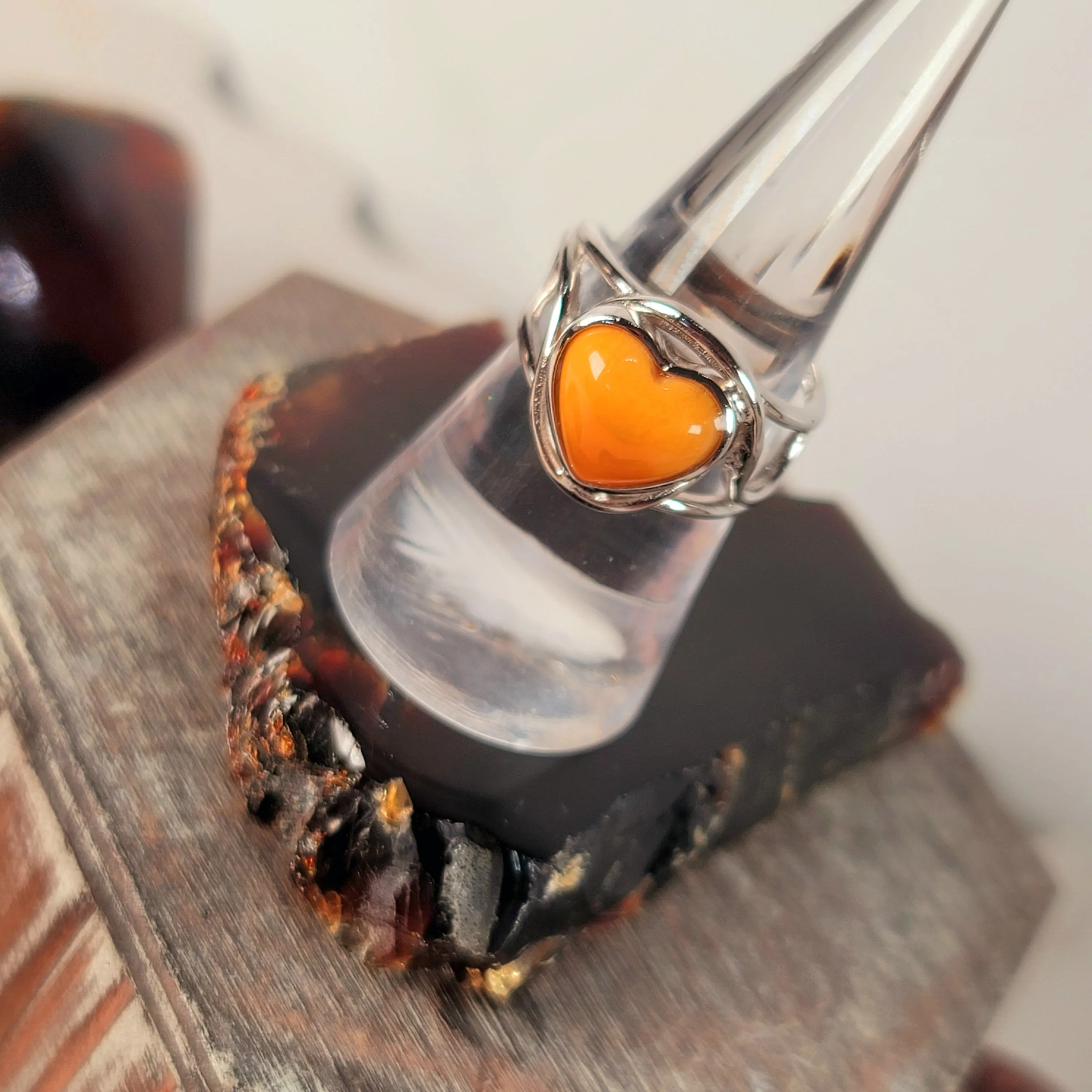 Baltic Butterscotch Amber Heart Finger Cuff Ring .925 Silver for Joy and Optimism