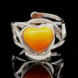 Baltic Butterscotch Amber Heart Finger Cuff Ring .925 Silver for Joy and Optimism