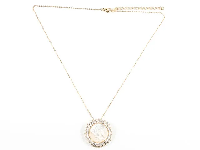 Beautiful Round Shape Religious St. Mary Mother Of Pearl CZ Pendant Gold Tone Steel Necklace