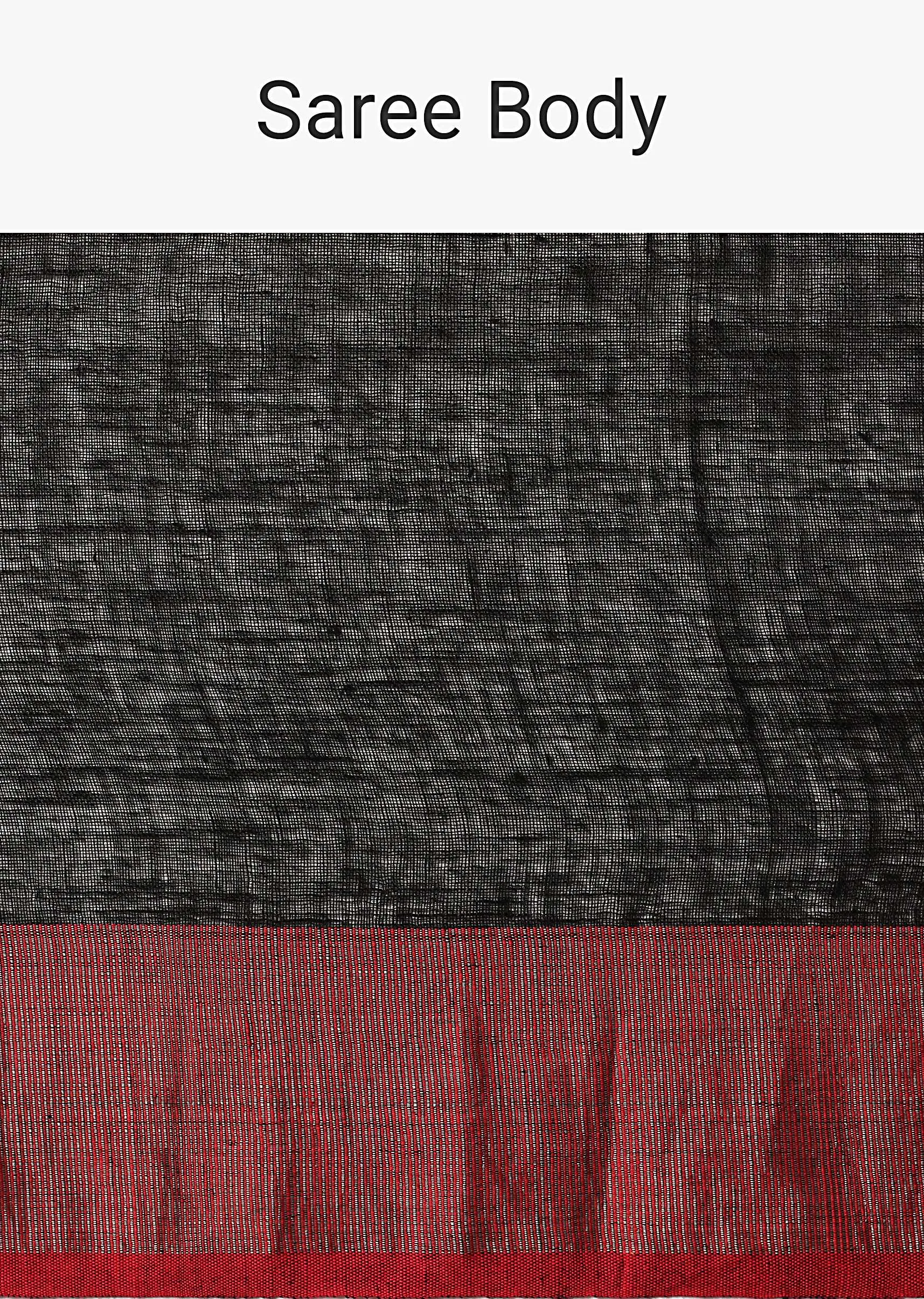 Black Cotton Linen Saree With Contrast Border And Unstitched Blouse Piece