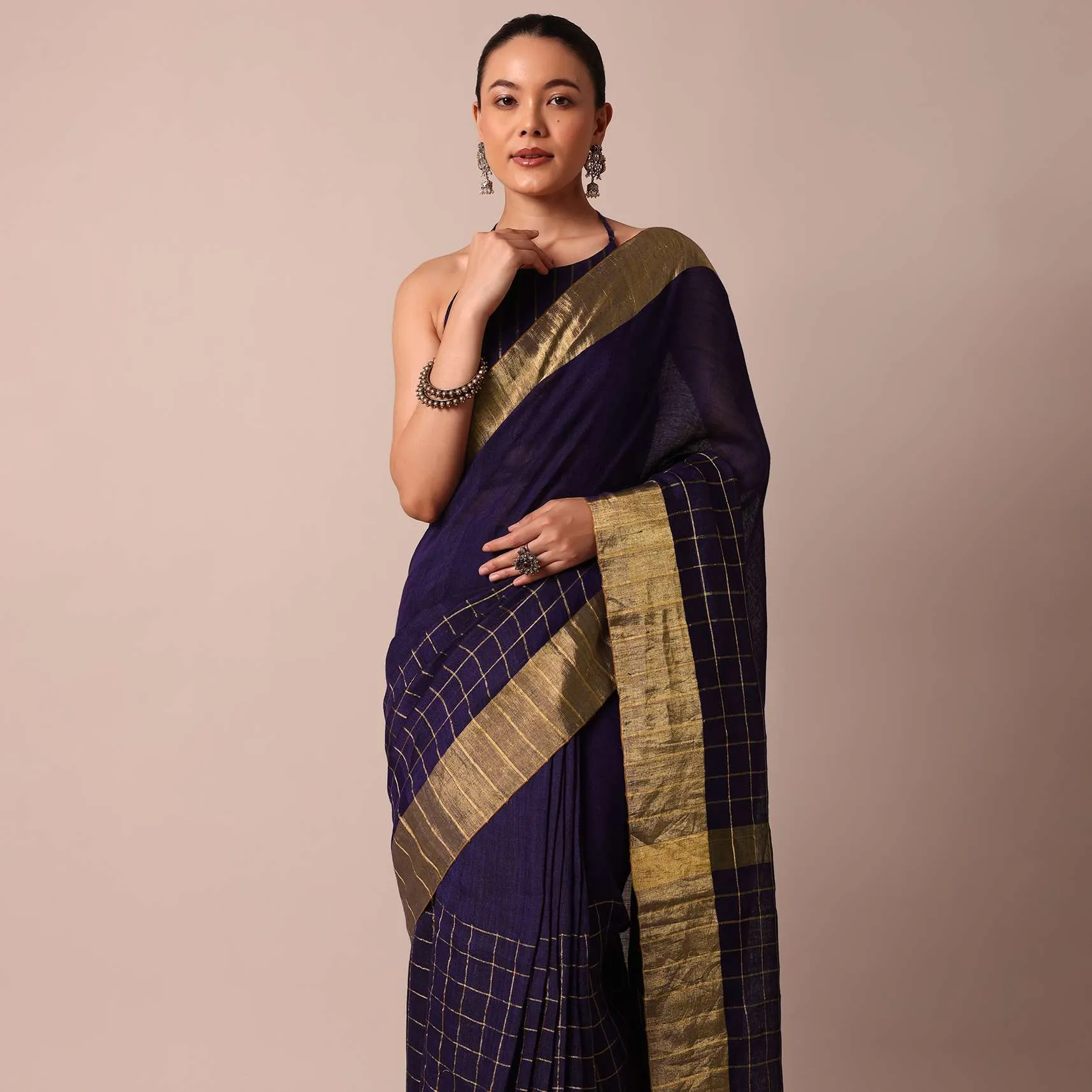 Blue Cotton Linen Saree With Zari Checks And Unstitched Blouse Piece