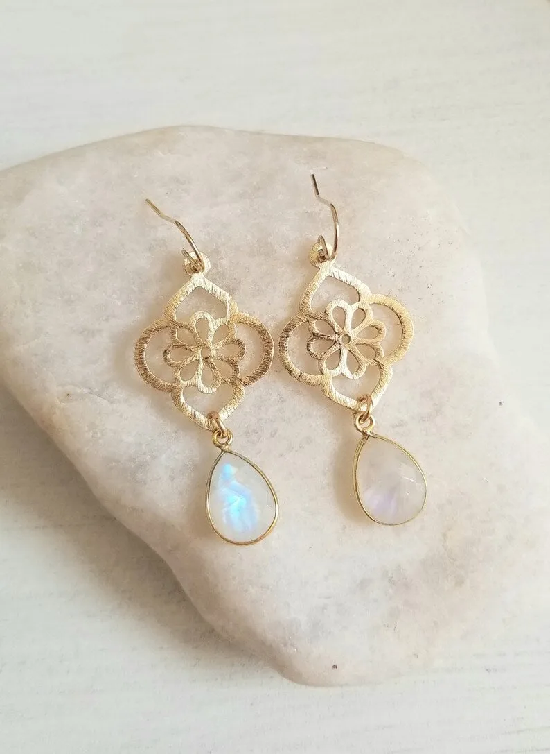 Bride Earrings, Gold Floral Moonstone Earrings, Wedding Earrings