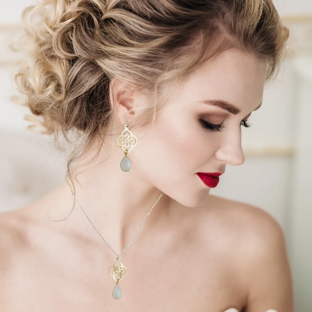 Bride Earrings, Gold Floral Moonstone Earrings, Wedding Earrings
