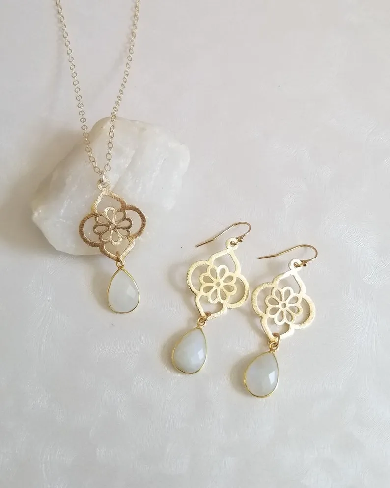 Bride Earrings, Gold Floral Moonstone Earrings, Wedding Earrings