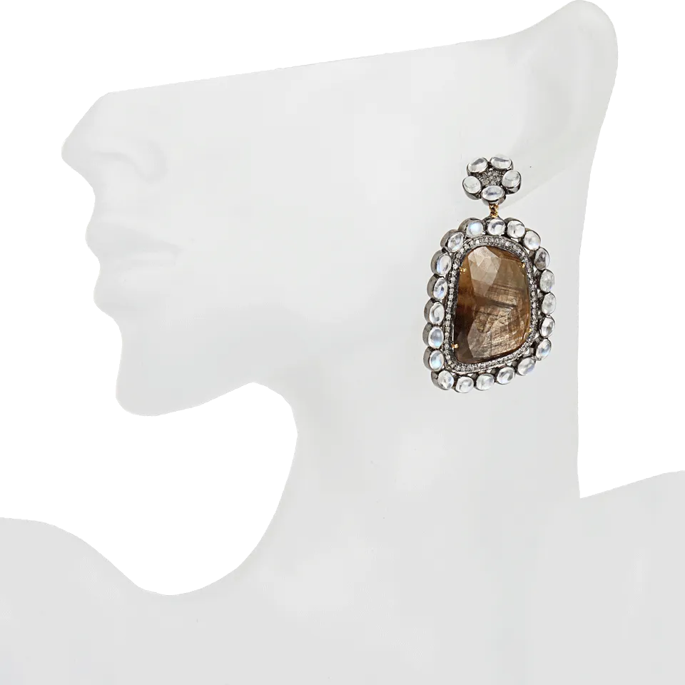 Brown-Sapphire Slice and Moonstone Earrings