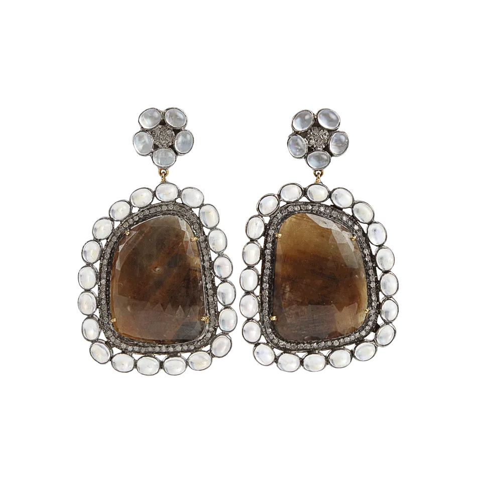 Brown-Sapphire Slice and Moonstone Earrings