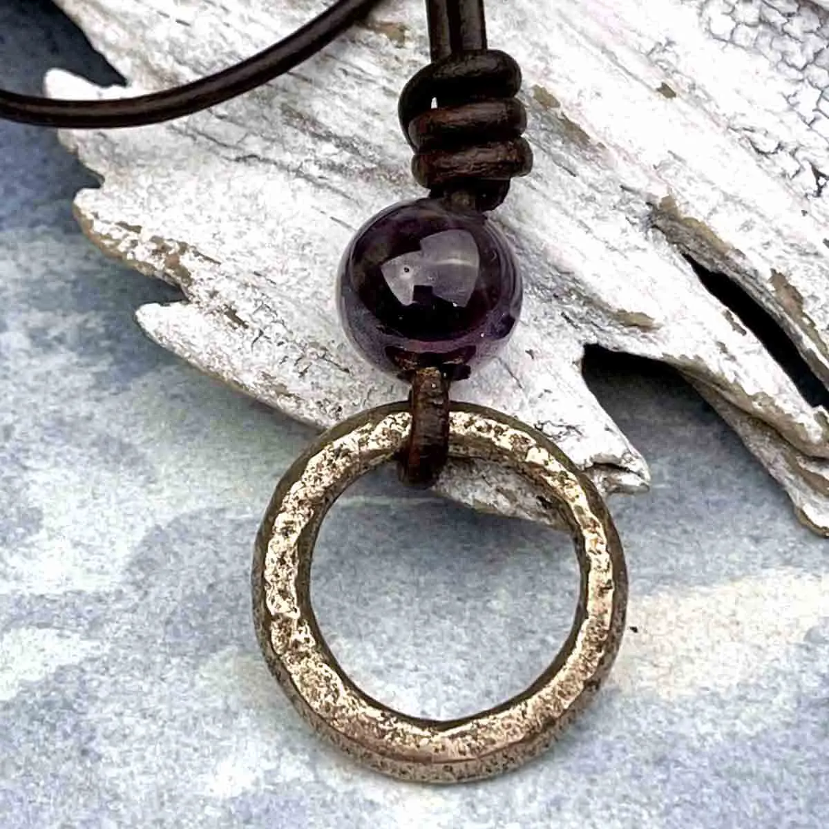 Burnished Deep Bronze Celtic Ring Money & Genuine Amethyst Leather Necklace | Artifact #8376