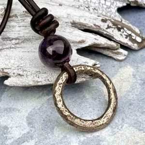Burnished Deep Bronze Celtic Ring Money & Genuine Amethyst Leather Necklace | Artifact #8376