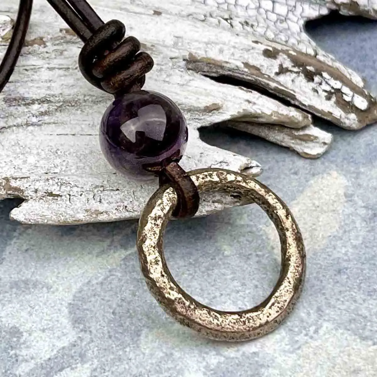 Burnished Deep Bronze Celtic Ring Money & Genuine Amethyst Leather Necklace | Artifact #8376