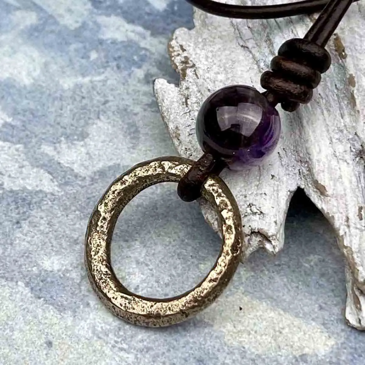 Burnished Deep Bronze Celtic Ring Money & Genuine Amethyst Leather Necklace | Artifact #8376