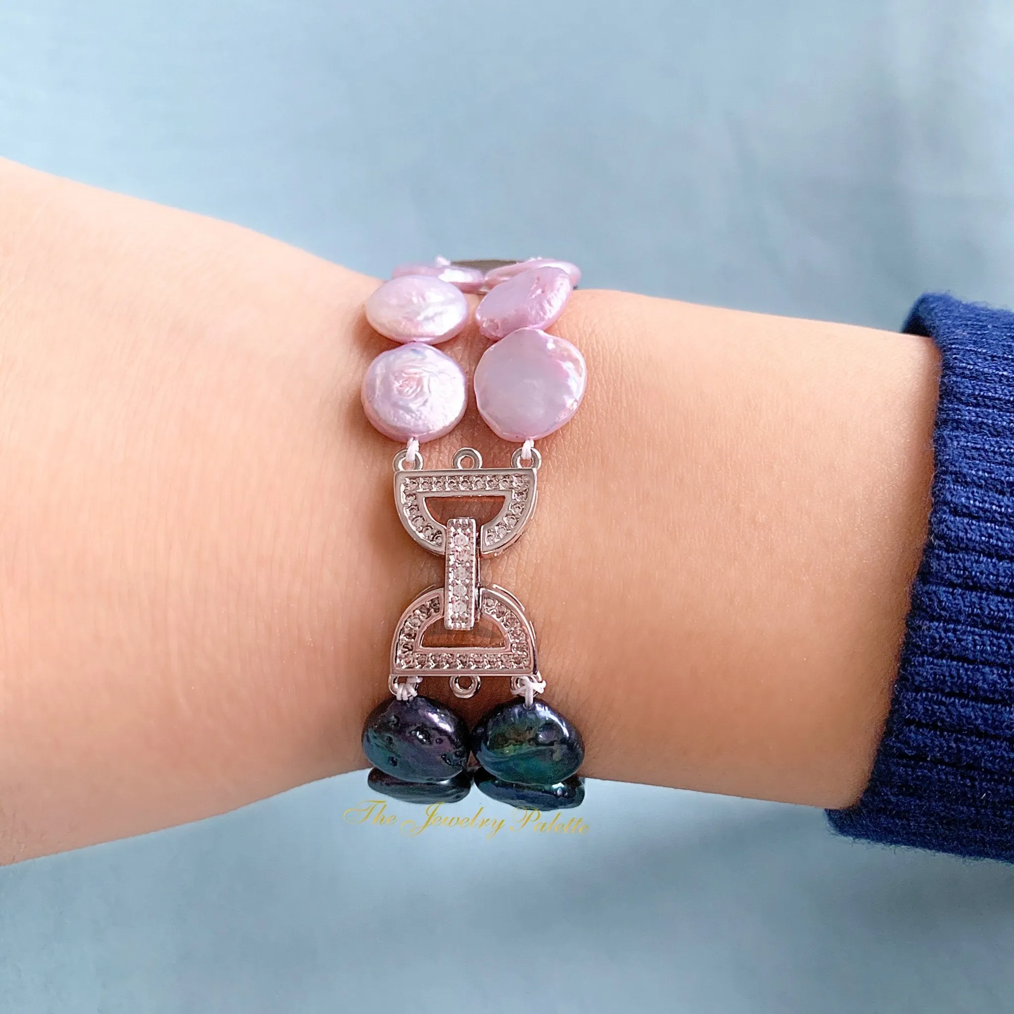Carmen multicolor coin pearls and silver two tier bracelet