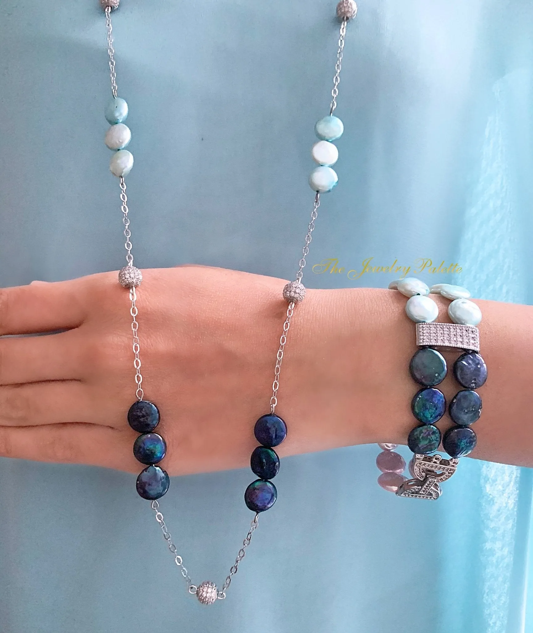 Carmen multicolor coin pearls and silver two tier bracelet