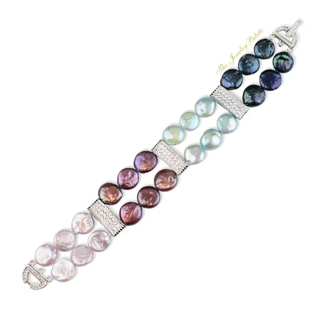 Carmen multicolor coin pearls and silver two tier bracelet