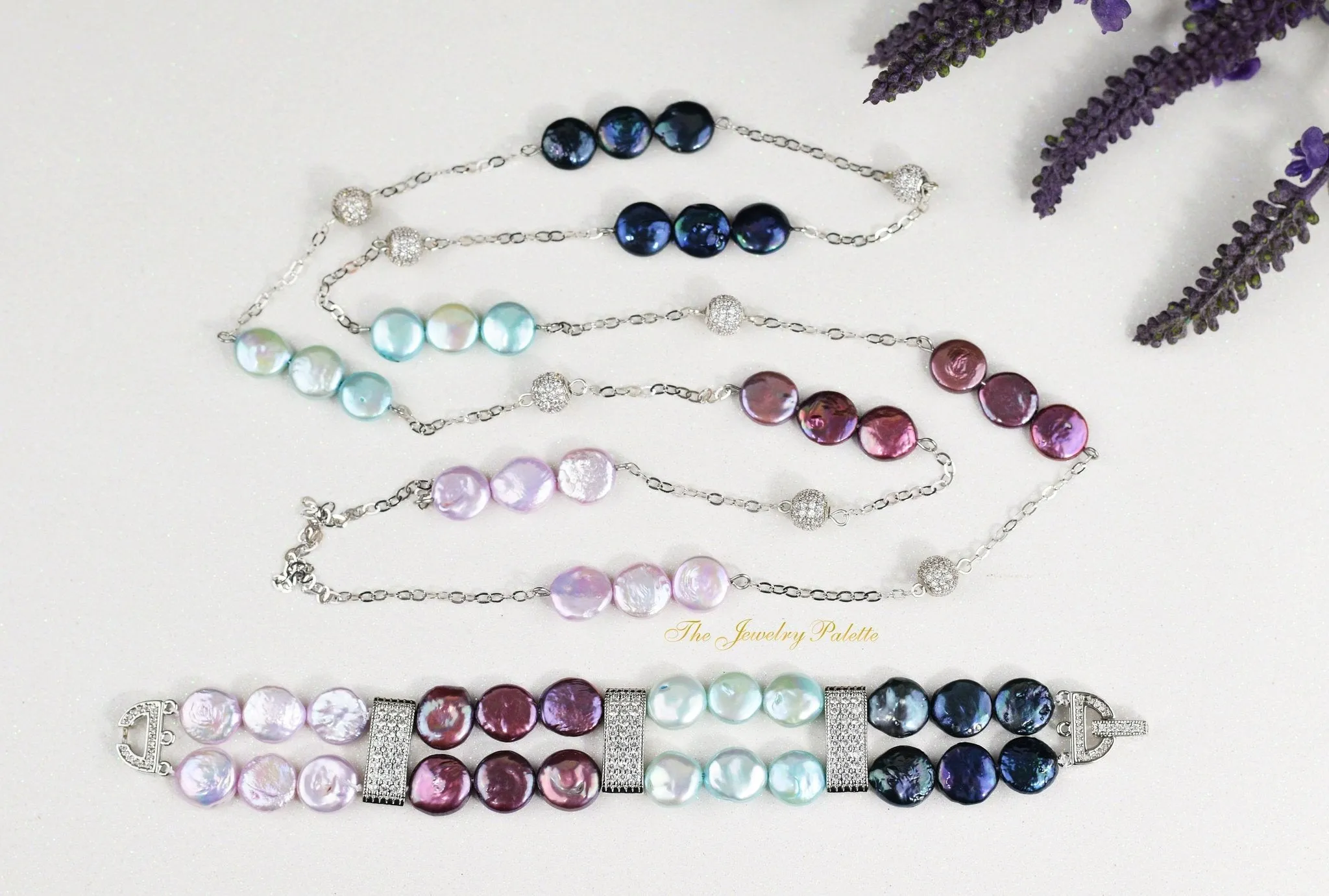 Carmen multicolor coin pearls and silver two tier bracelet
