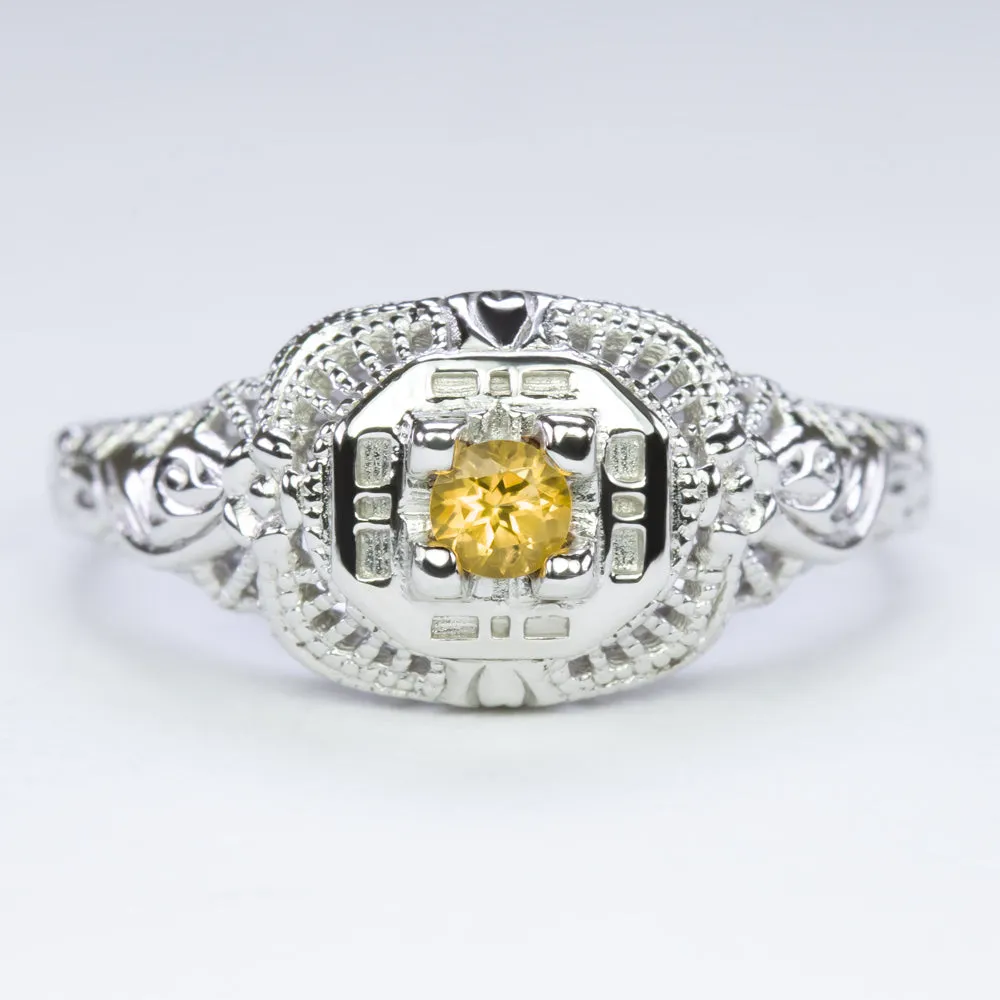 CITRINE STERLING SILVER VINTAGE STYLE COCKTAIL RING FILIGREE DAINTY ROUND YELLOW