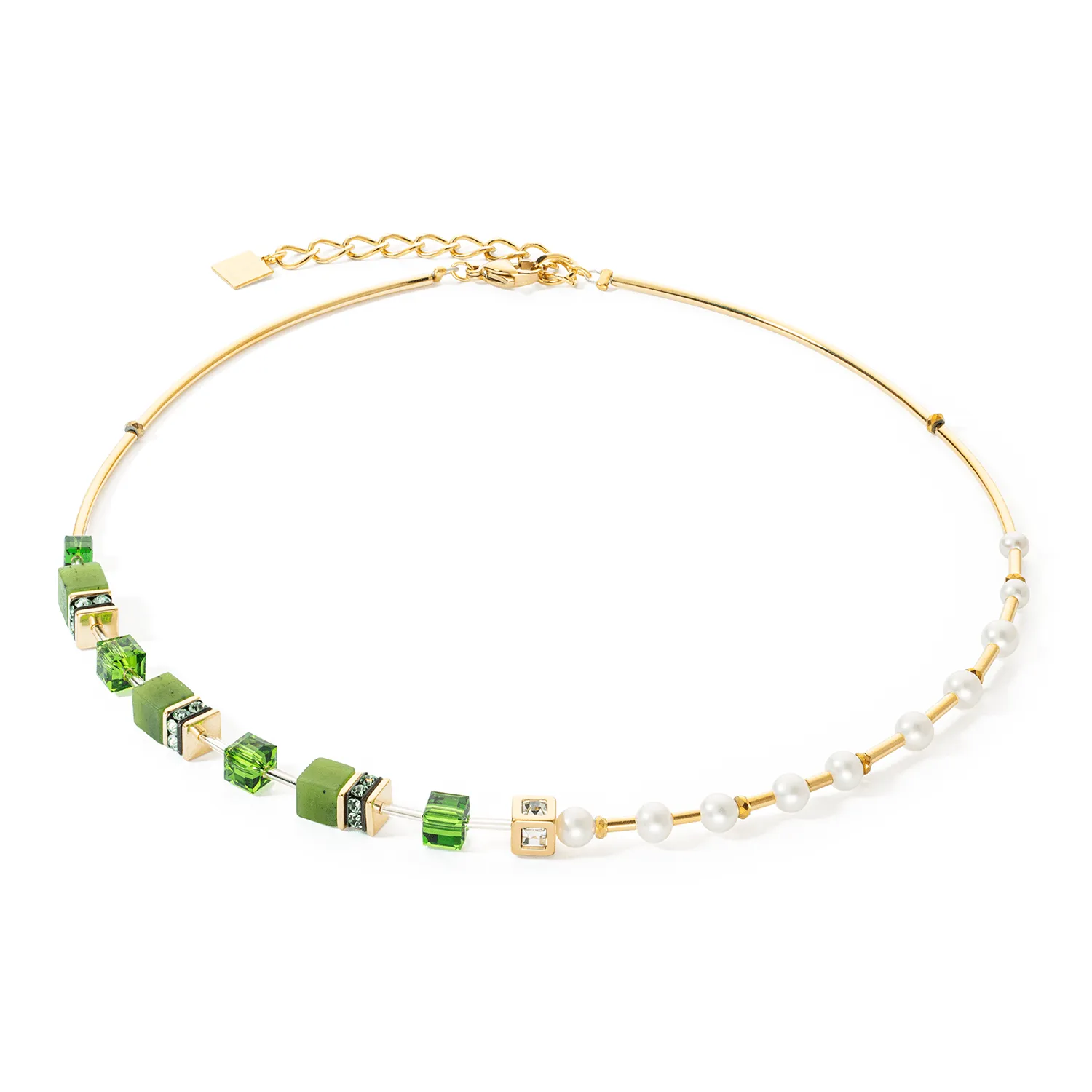 Coeur De Lion GeoCUBE® Fusion Gold Green and Pearl Necklace