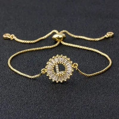 Cubic Zircon Adjustable Letter Charm Bracelet