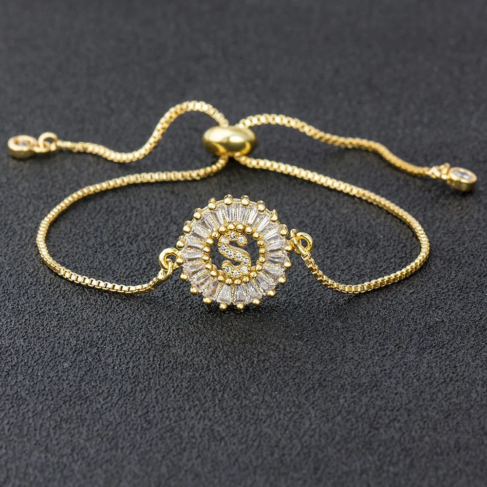 Cubic Zircon Adjustable Letter Charm Bracelet