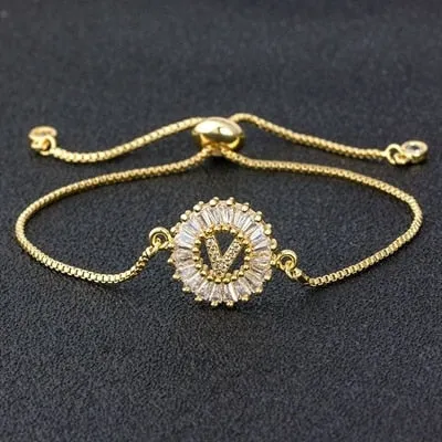 Cubic Zircon Adjustable Letter Charm Bracelet