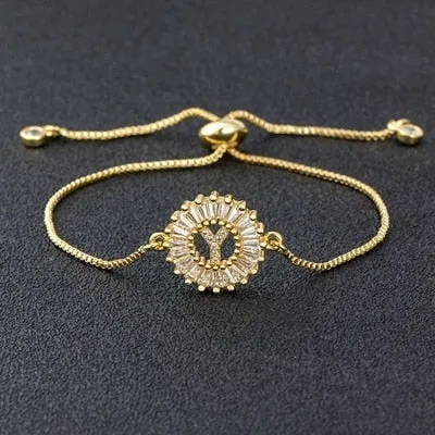 Cubic Zircon Adjustable Letter Charm Bracelet