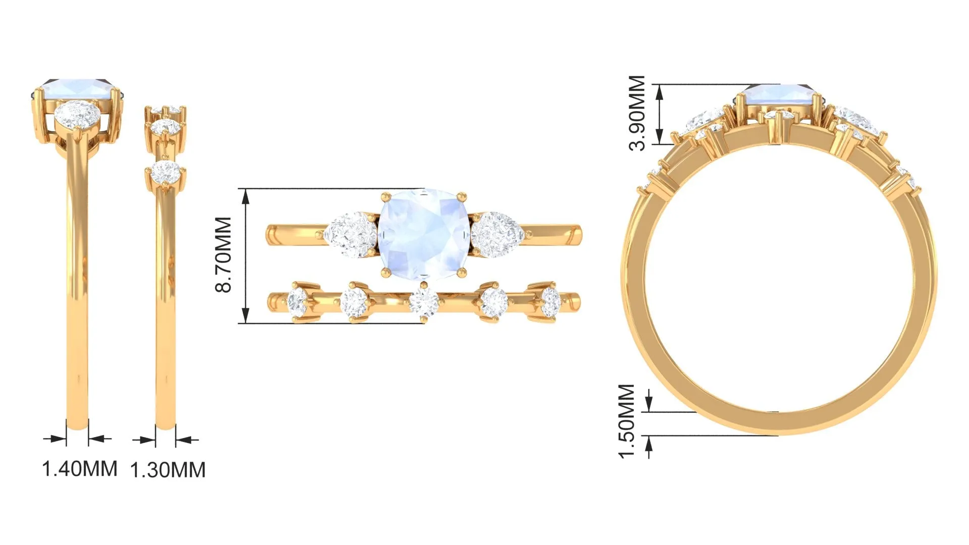 Cushion Cut Moonstone Ring Set with Moissanite