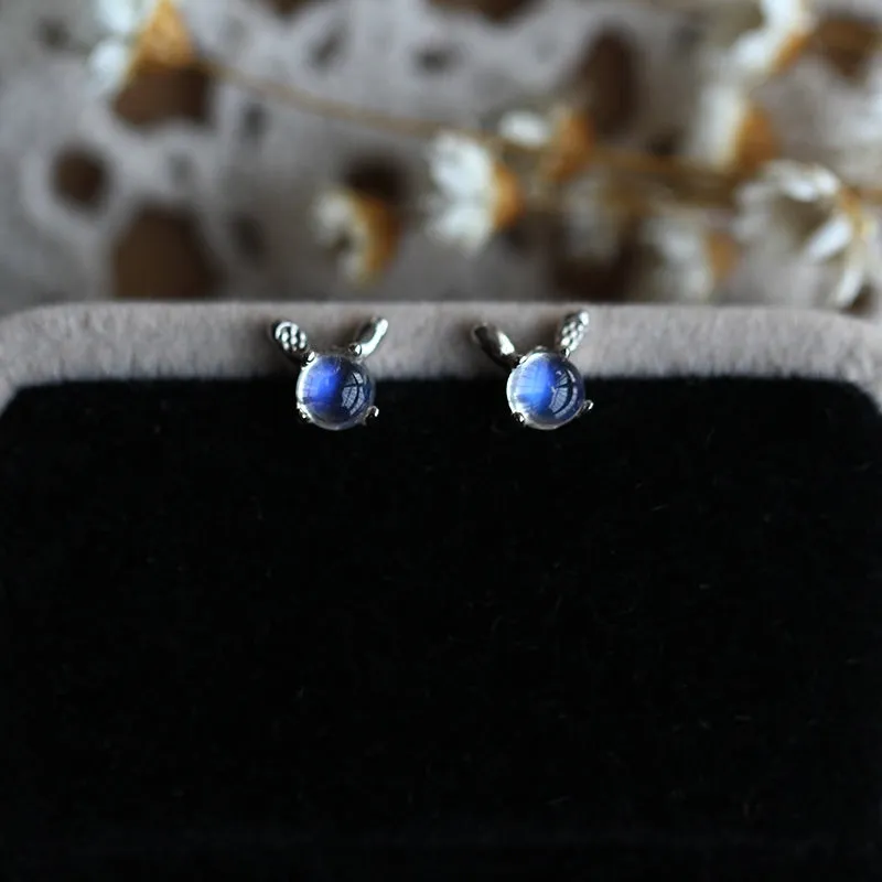 Cute Rabbit Moonstone Stud Earrings White Gold Plated Sterling Silver Jewelry Accessories Women