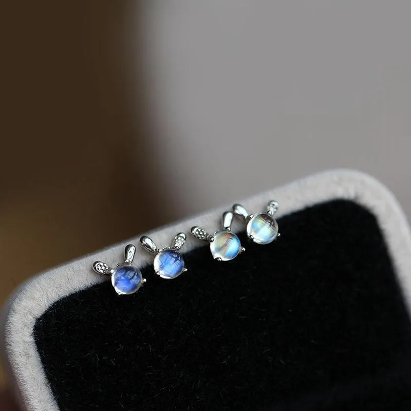 Cute Rabbit Moonstone Stud Earrings White Gold Plated Sterling Silver Jewelry Accessories Women