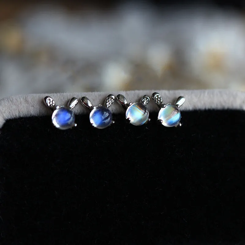Cute Rabbit Moonstone Stud Earrings White Gold Plated Sterling Silver Jewelry Accessories Women