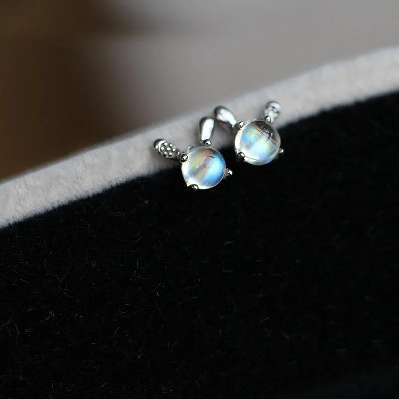 Cute Rabbit Moonstone Stud Earrings White Gold Plated Sterling Silver Jewelry Accessories Women