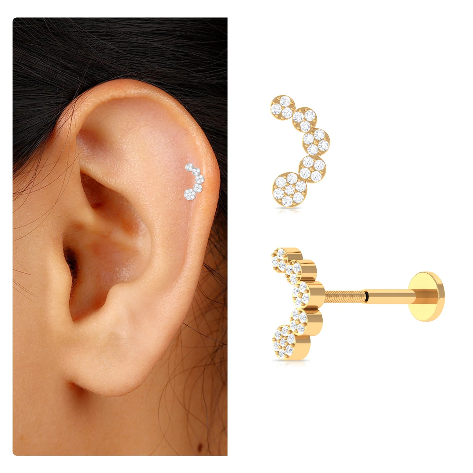 Diamond Gold Curved Crawler Earring for Helix Piercing