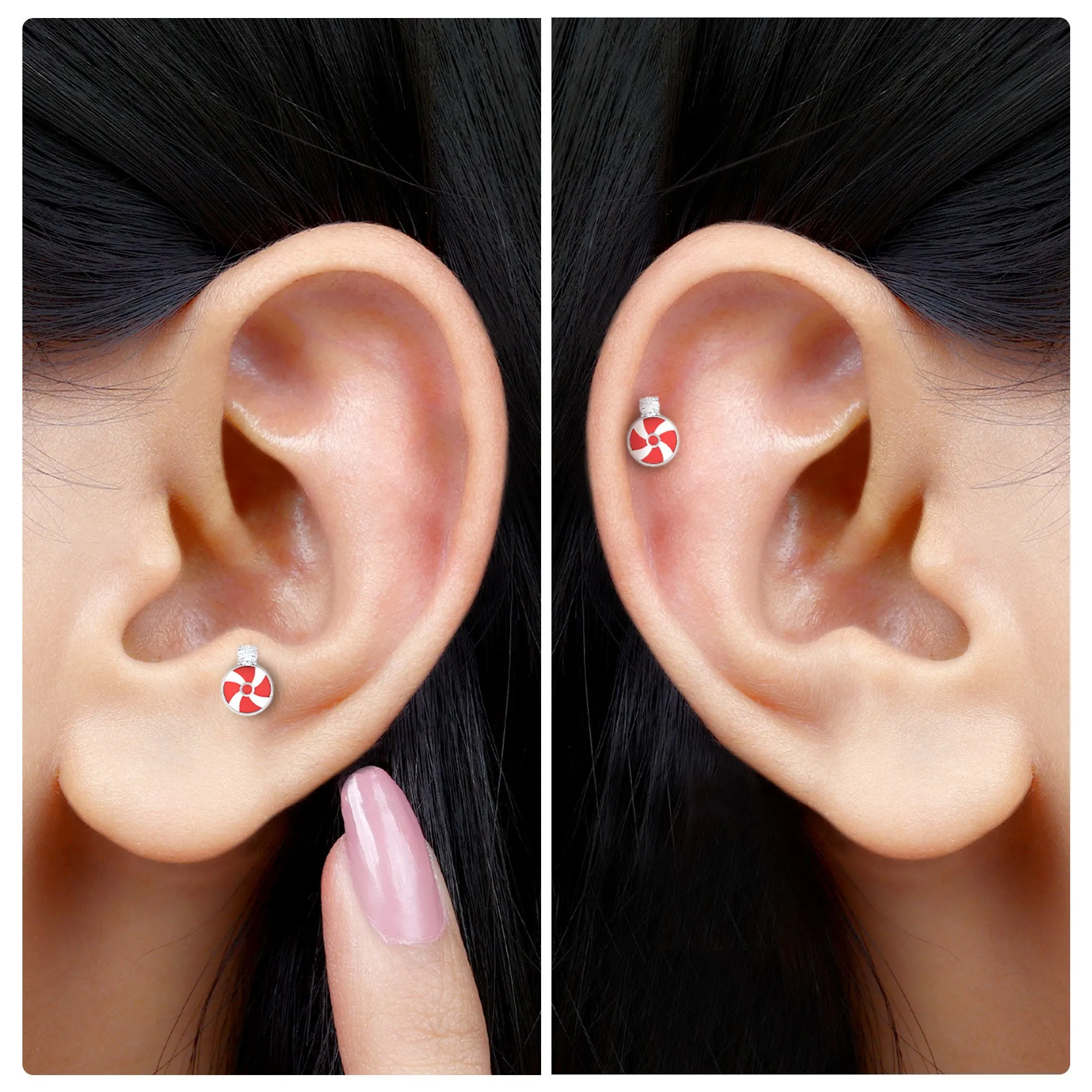 Diamond Peppermint Candy Earring with Red and White Enamel
