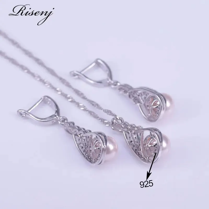 Elegant Pink Freshwater Pearl Jewelry Set with 925 Silver and White Zircon - Complete Earrings, Ring, and Necklace Set with Complimentary Shipping