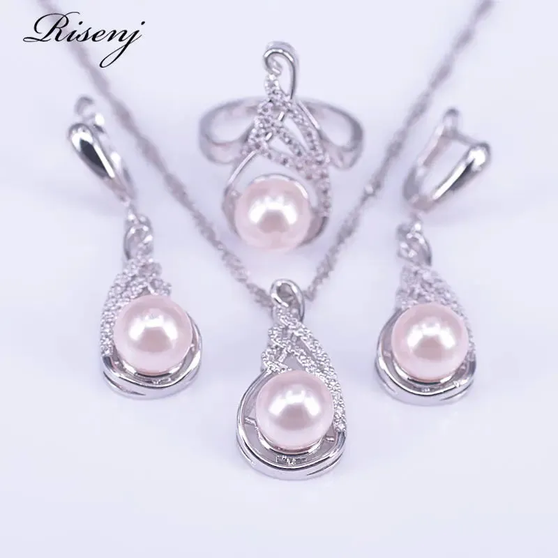 Elegant Pink Freshwater Pearl Jewelry Set with 925 Silver and White Zircon - Complete Earrings, Ring, and Necklace Set with Complimentary Shipping