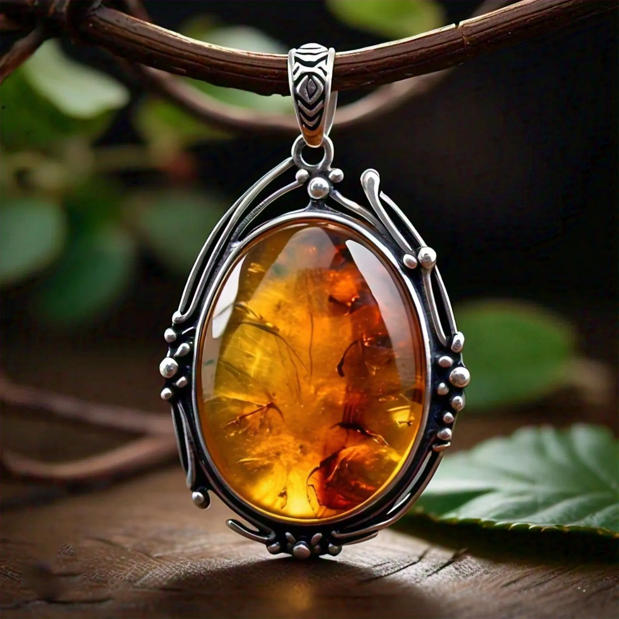 Eudora Handmade Big Natural Vintage Amber Sterling Silver Pendant