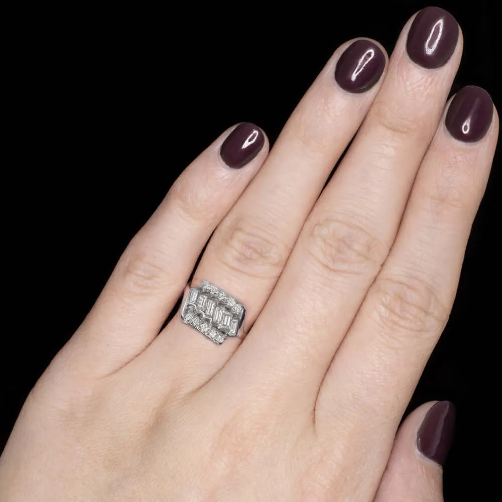 F-G VVS-SI1 0.9ct DIAMOND PALLADIUM RING VINTAGE COCKTAIL NATURAL BAGUETTE ROUND