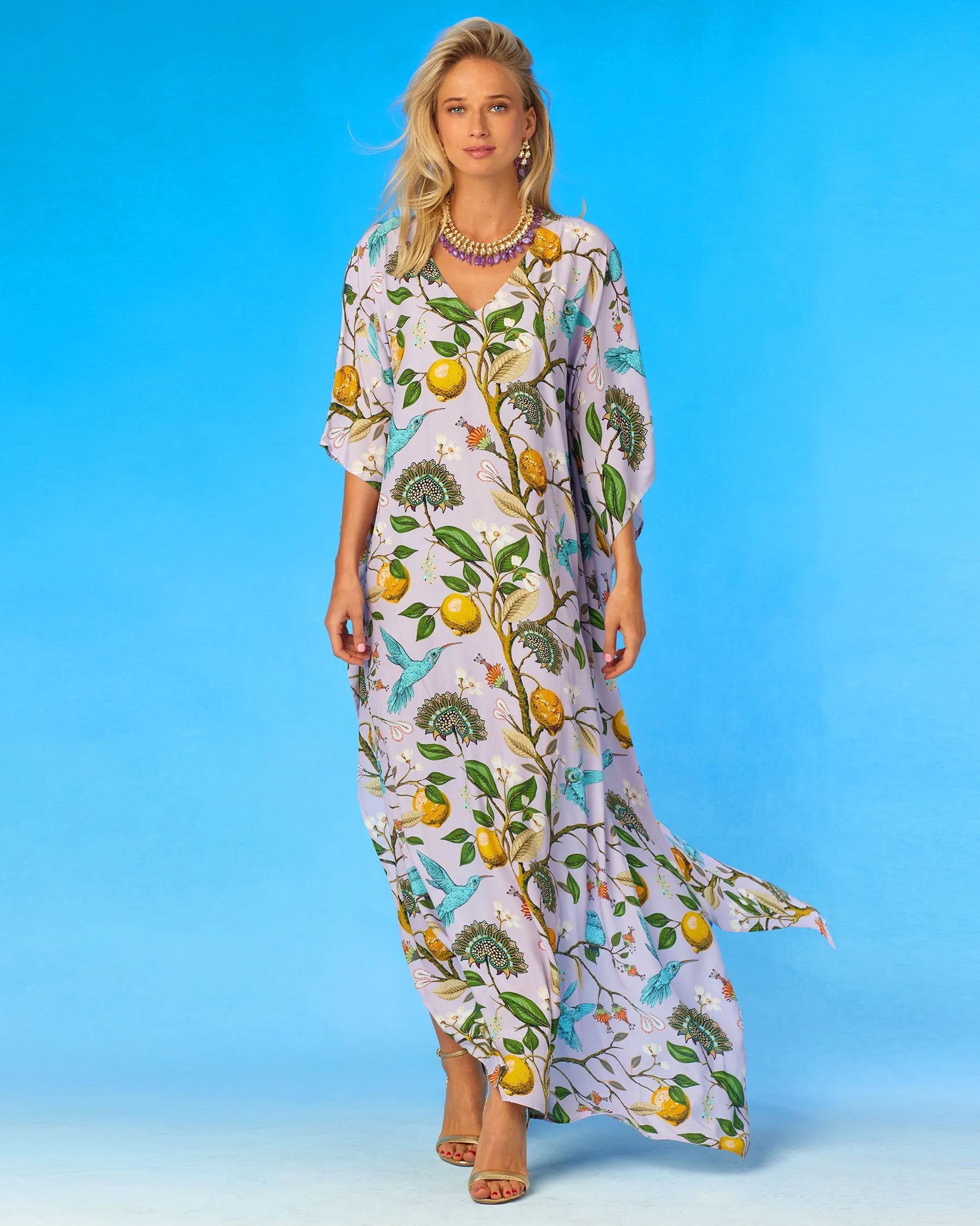 Flora Kaftan in Lavender Hummingbird Print