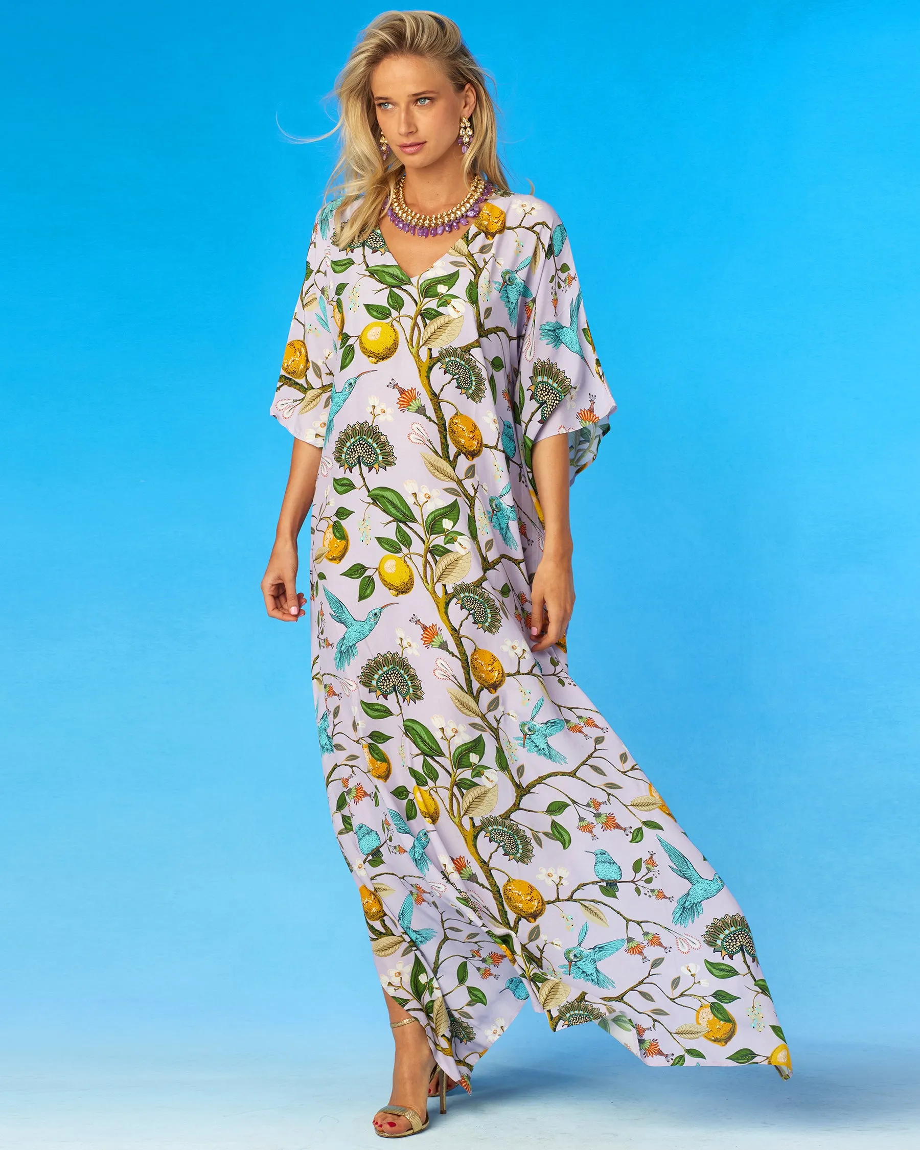 Flora Kaftan in Lavender Hummingbird Print