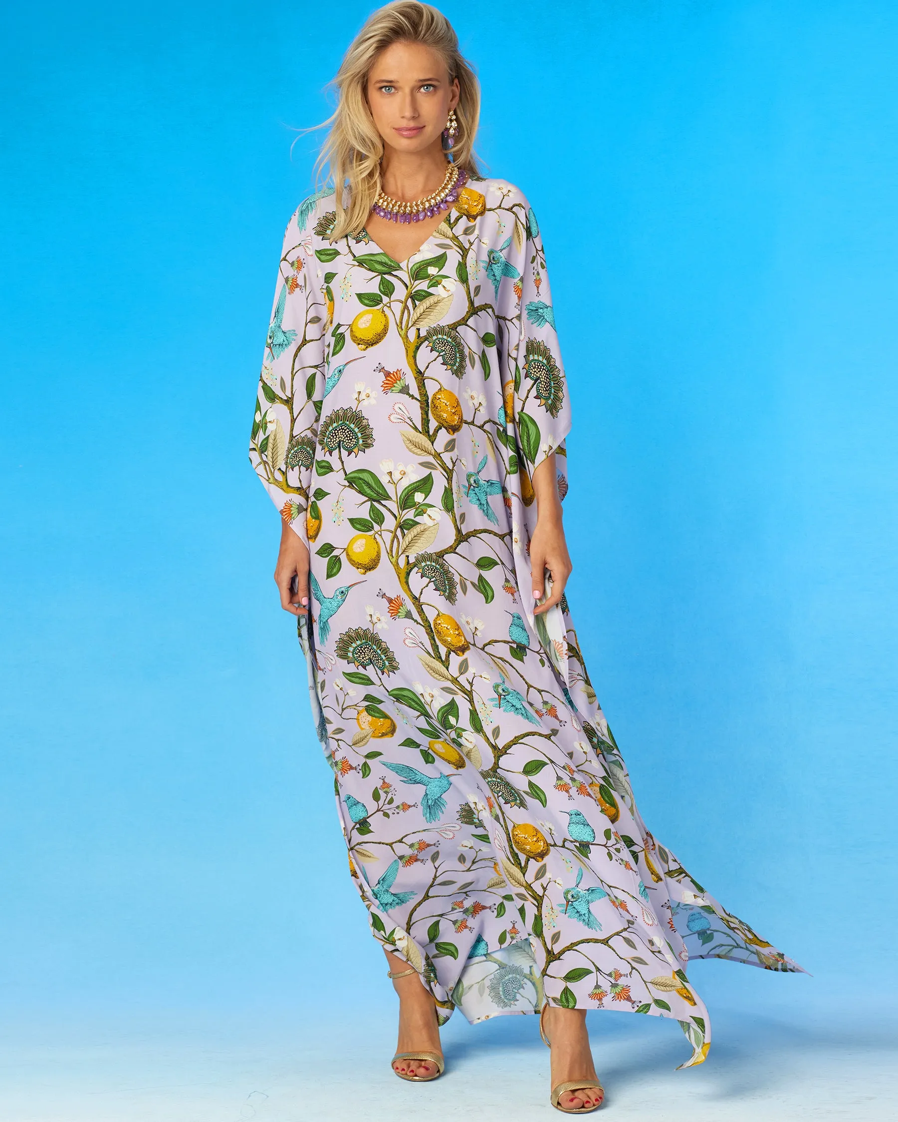 Flora Kaftan in Lavender Hummingbird Print