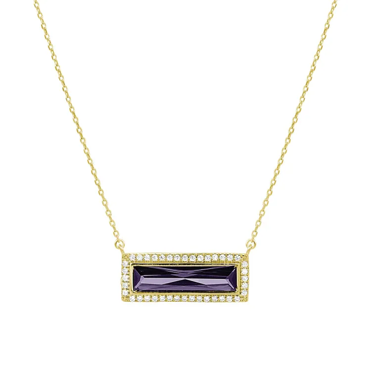 Gold Finish Sterling Silver Necklace with Rectangular Simulated Amethyst Stone and Simulated Diamonds on 16" - 18" Chain