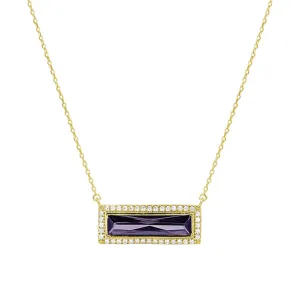 Gold Finish Sterling Silver Necklace with Rectangular Simulated Amethyst Stone and Simulated Diamonds on 16" - 18" Chain