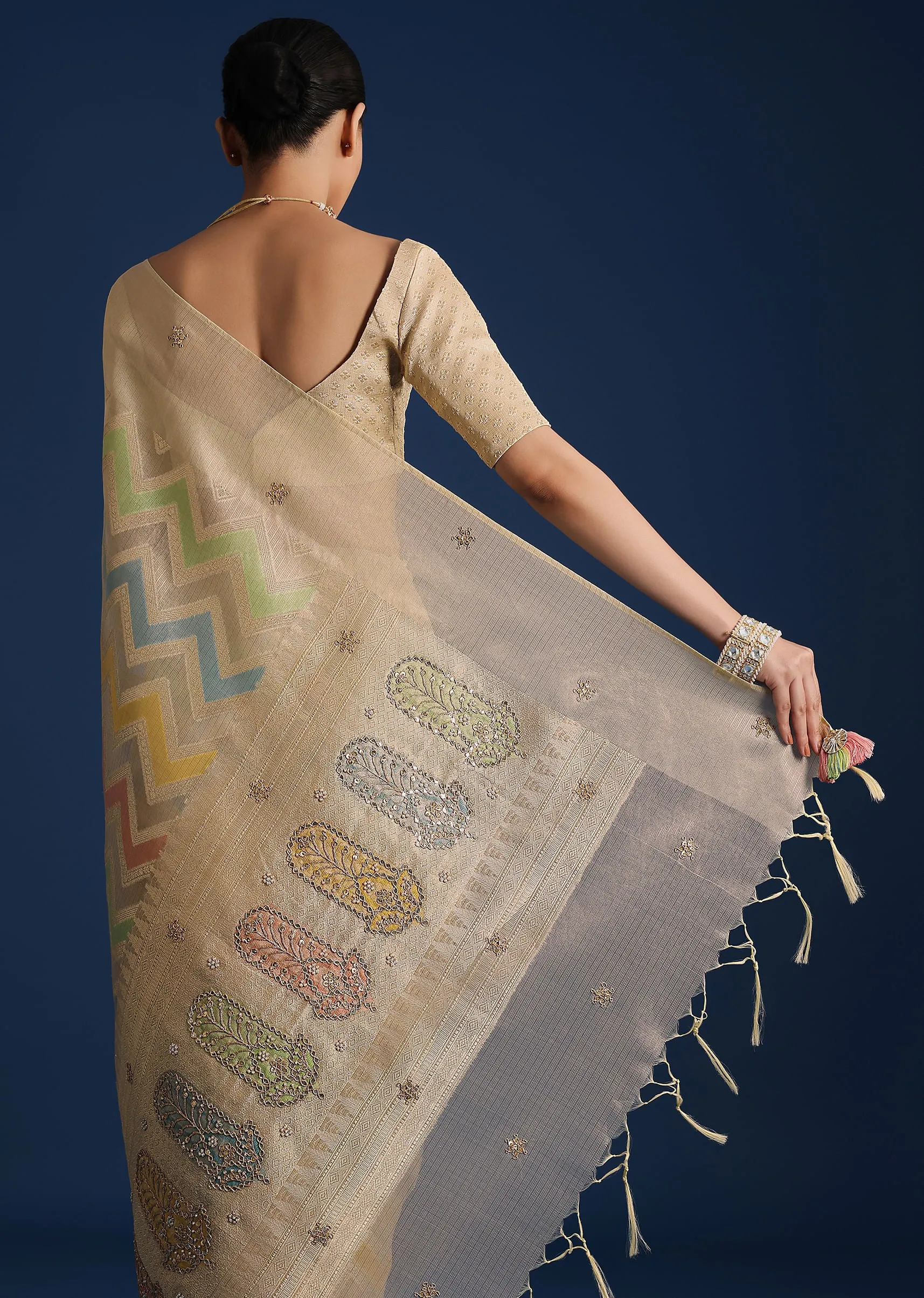Gold Handloom Tissue Chanderi Rangkart Saree with Zardosi Work