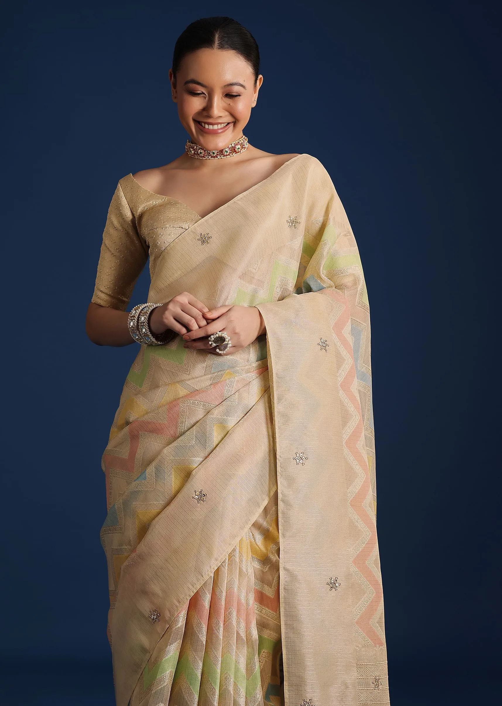 Gold Handloom Tissue Chanderi Rangkart Saree with Zardosi Work