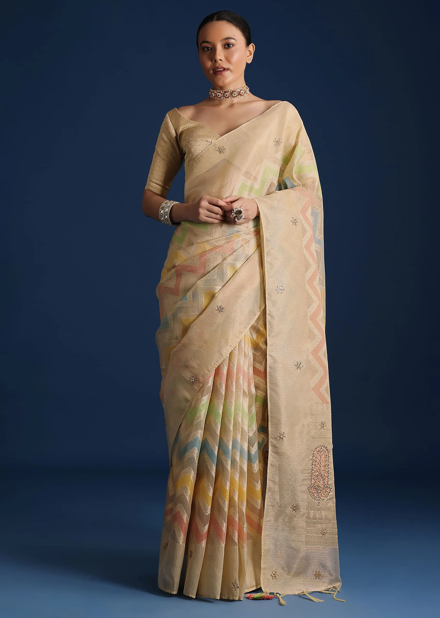 Gold Handloom Tissue Chanderi Rangkart Saree with Zardosi Work