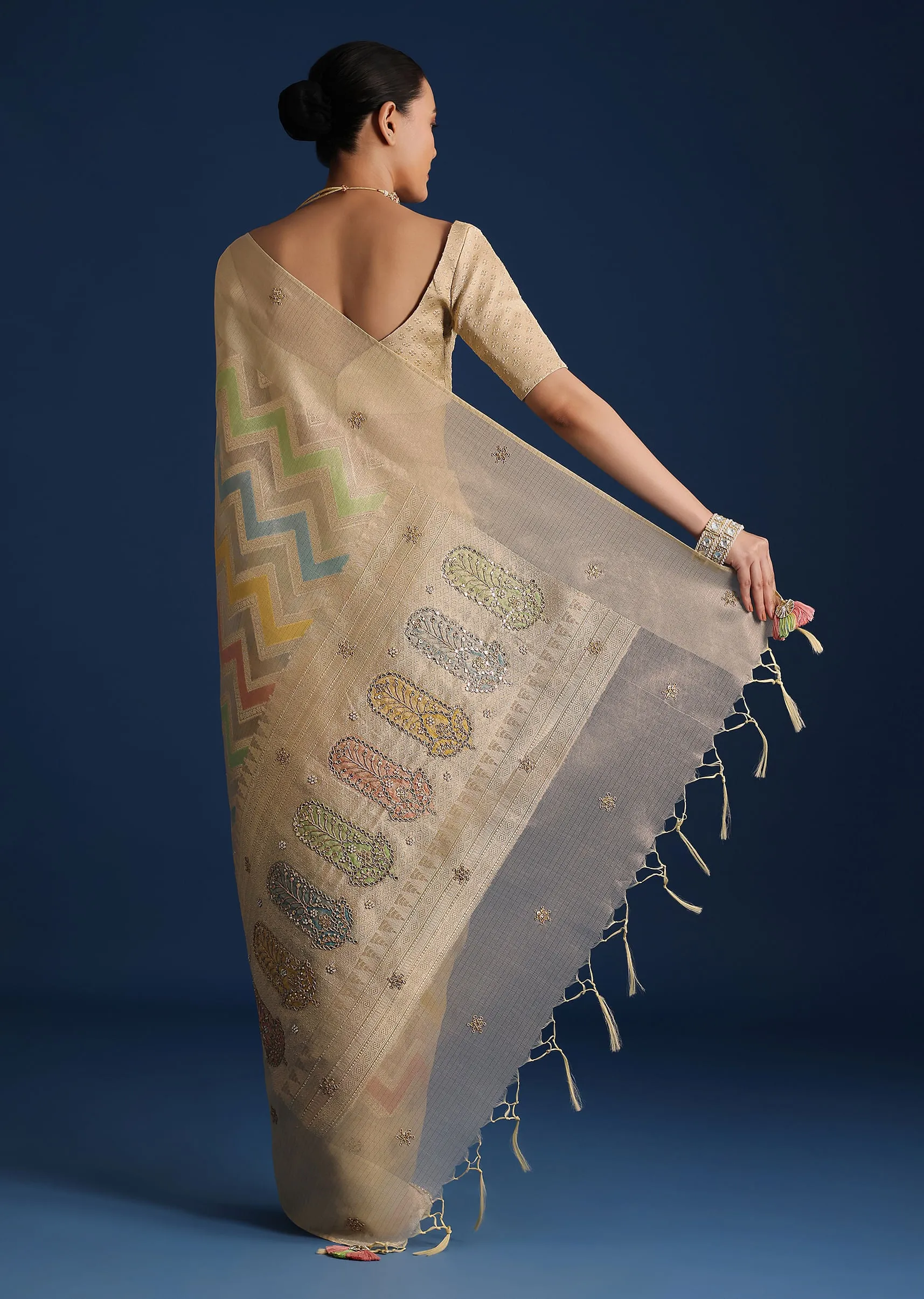 Gold Handloom Tissue Chanderi Rangkart Saree with Zardosi Work