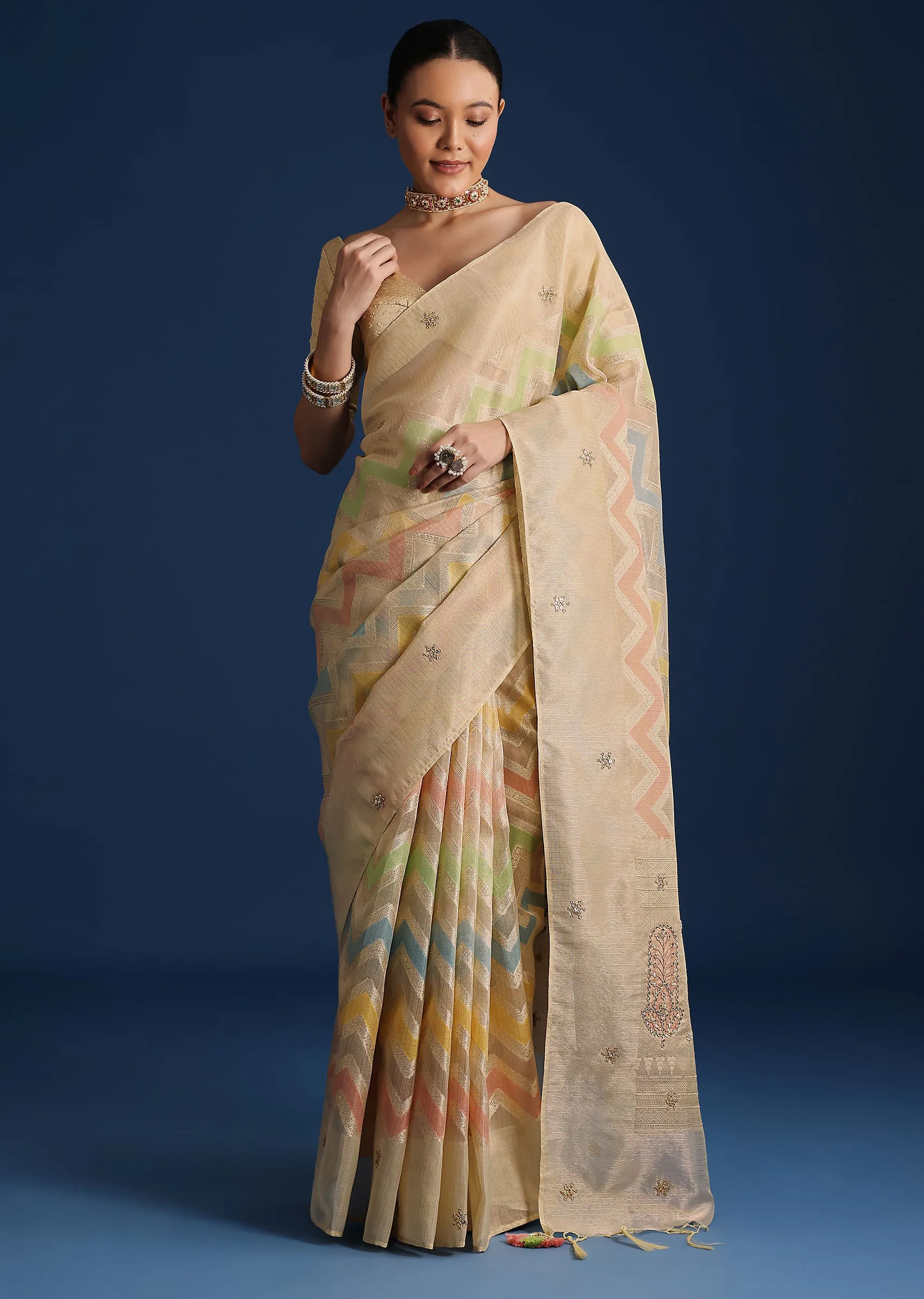 Gold Handloom Tissue Chanderi Rangkart Saree with Zardosi Work